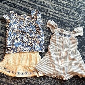Carter's Blue Floral Top with Cream Skirt and Blue Striped Romper